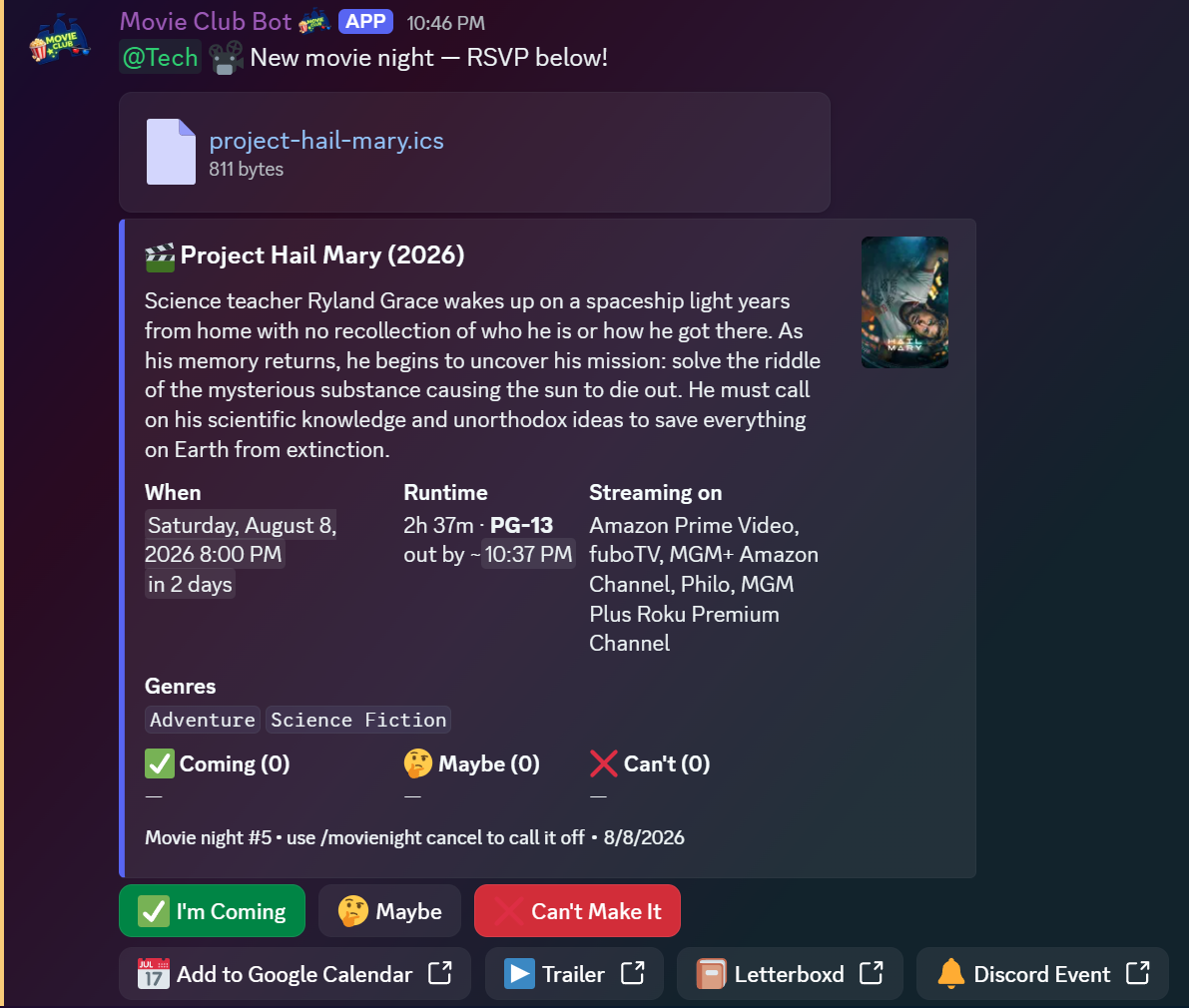 Movie club bot event announcement screenshot